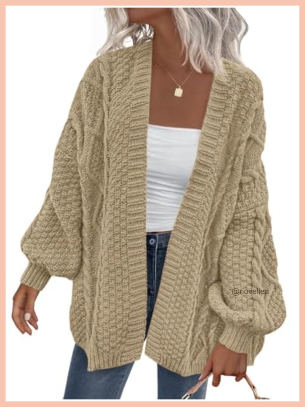 Cable Knit Open Front Chunky Cardigan Lantern Sleeve Women Sweater